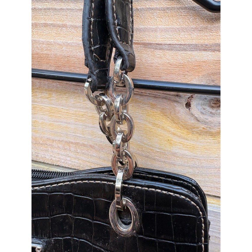Black Croc Embossed Leather Shoulder Bag Chain Strap Triangle Logo - Picture 4 of 9
